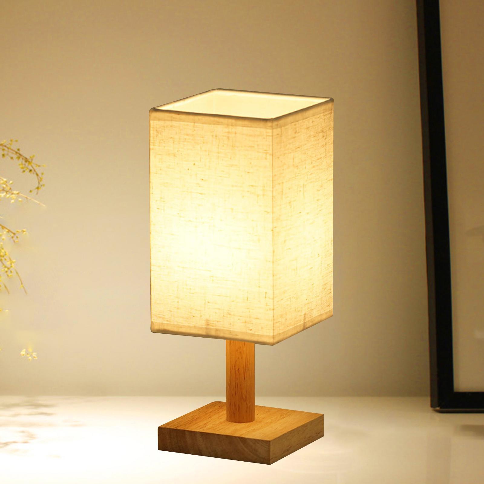Bedside Table Lamp Decorative with Flaxen Fabric Shade Wood Base Warm White