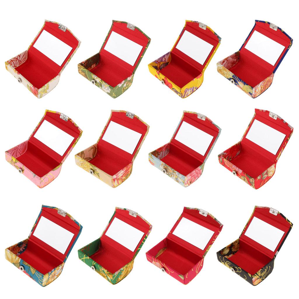 Embroidered Brocade Lipstick Lip Gloss Case Jewelry Storage Box Makeup Holder With Mirror Inside with Snap-On Closure