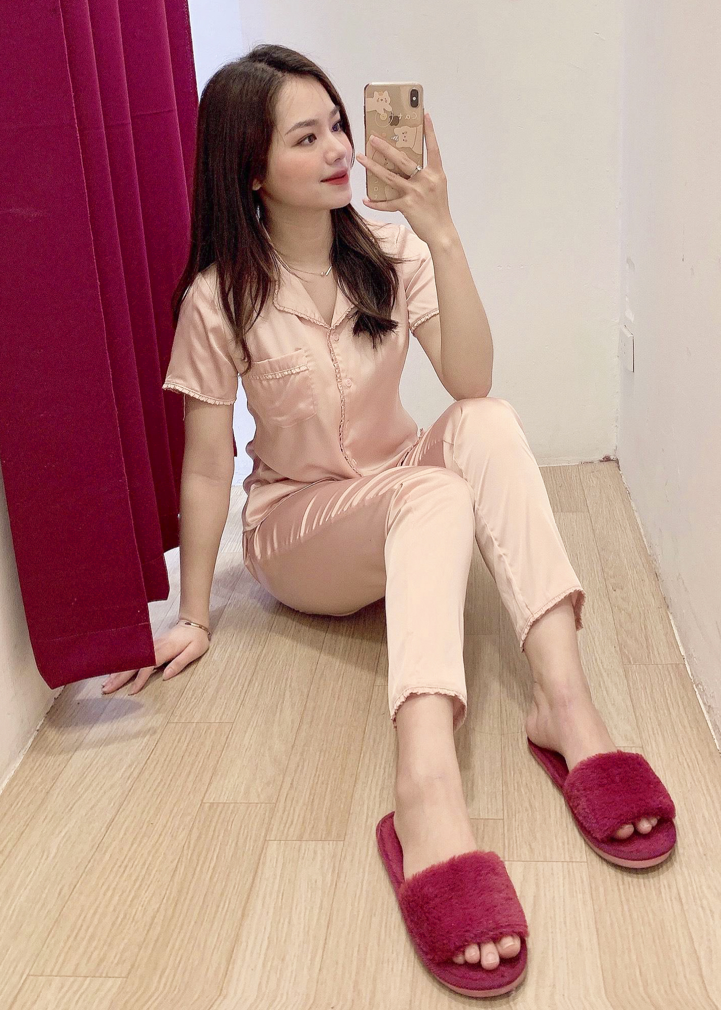 Bộ Đồ Nữ Mặc Nhà Pijama Lụa Trơn Cộc tay Quần Dài Phối Viền Bèo Màu Hồng Cam H177