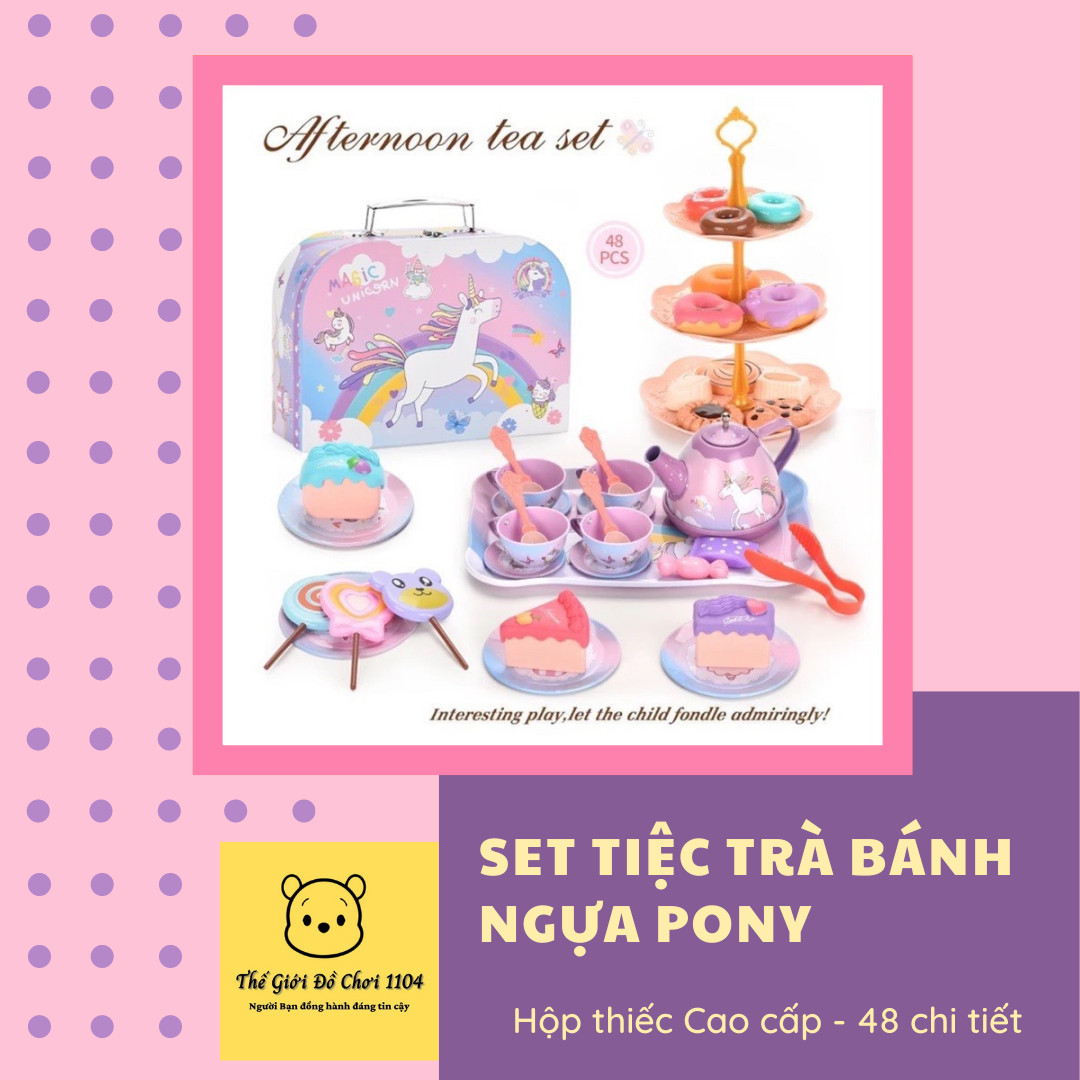 Bộ đồ chơi tiệc trà bánh cho bé Tea Set 48 chi tiết, ngựa Pony, thiếc Cao Cấp