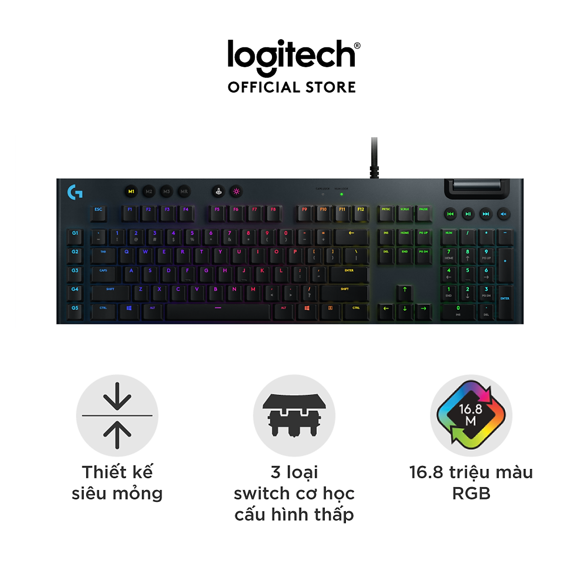 Bàn phím game cơ học RGB Logitech G813 - 3 loại switch cấu hình thấp, cổng USB 2.0, 5 nút lập trình, media chuyên biệt, RGB Lightsync - Hàng Chính Hãng