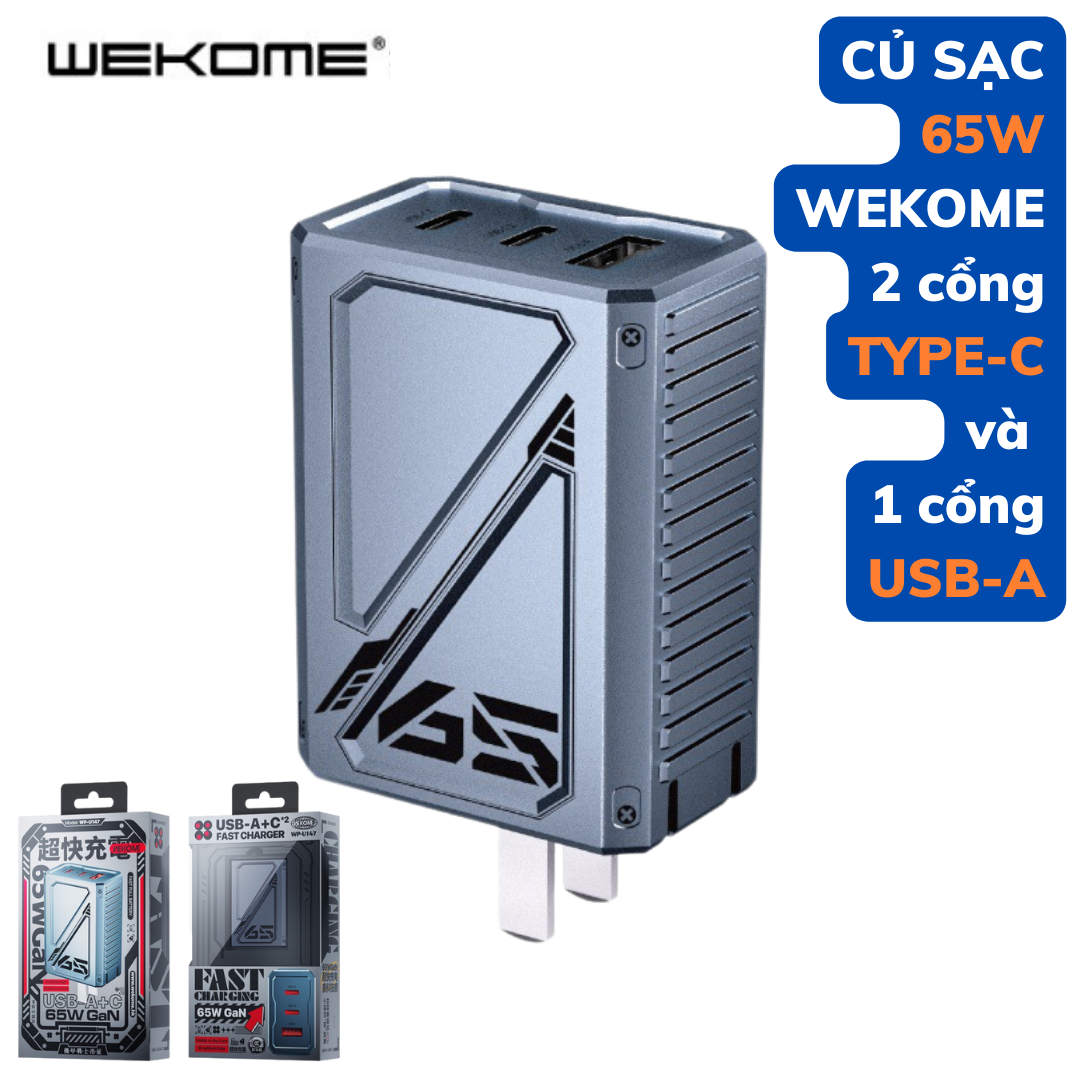 Bộ Củ Sạc Nhanh 65W WEKOME WP-U147 2 cổng TYPE-C và 1 cổng USB-A hỗ trợ sạc nhanh cho laptop, máy tính bảng, điện thoại