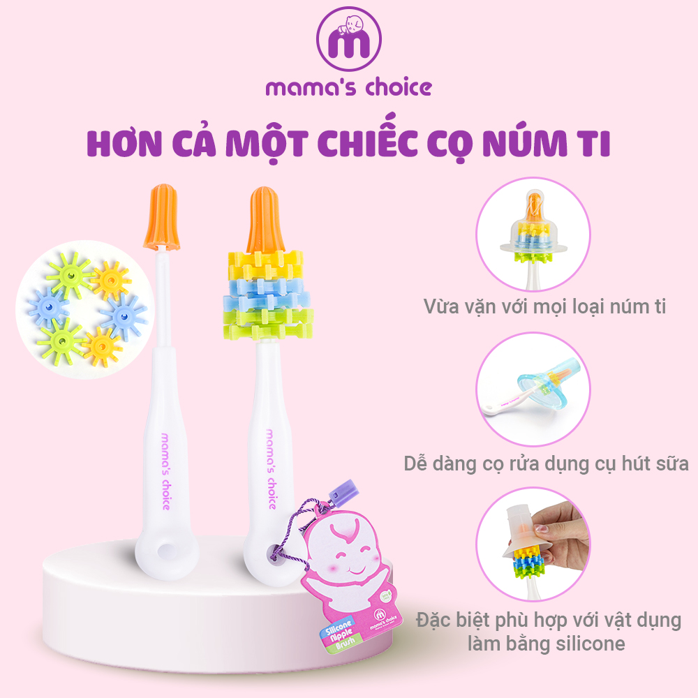 Bộ Cọ Rửa Bình Sữa Núm Ti Mama’s Choice, Tay Cầm Xoay 360 Độ, Chất Liệu Silicone Cao Cấp và Mềm Mại
