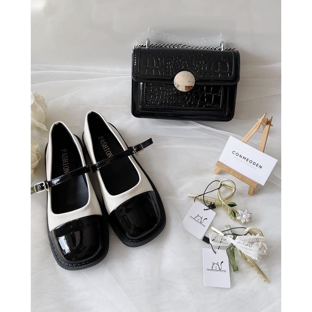 Giày bệt da bóng mũi vuông đen trắng khuy cài ngang - 2P
