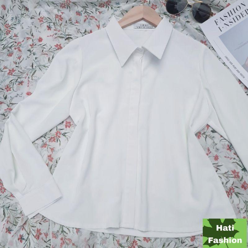 Áo Sơ Mi Lụa Hàn Công Sở Cổ Đức Nẹp Dấu Khuy Dài Tay Thiết Kế Hati Fashion