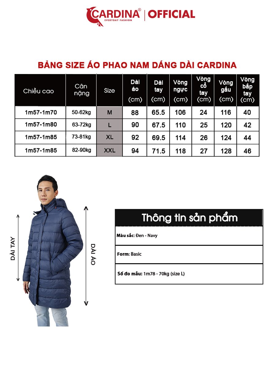Áo Phao Nam CARDINA Chần Bông Nhật Cao Cấp Dáng Dài Siêu Nhẹ Siêu Ấm 2PDM