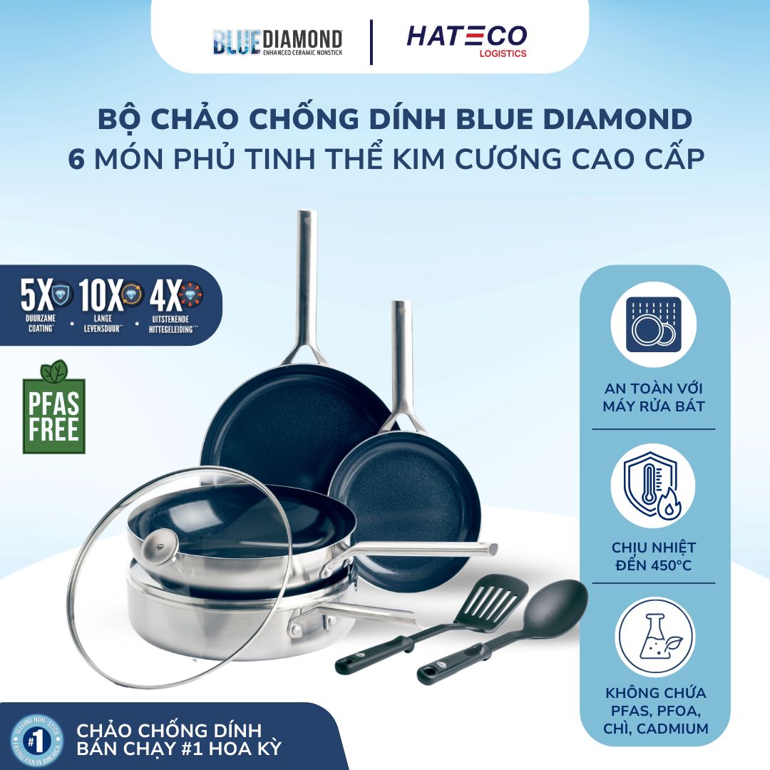 Bộ 6 món chảo chống dính phủ tinh thể kim cương cao cấp Blue Diamond 20, 3x28 cm