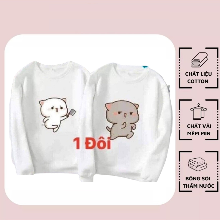 Áo Đôi Sweater Nam Nữ MM10, Áo Đôi Sweater In Mèo Chém ý Nghĩa, Vải Nỉ Bông In Hình Dễ Thương