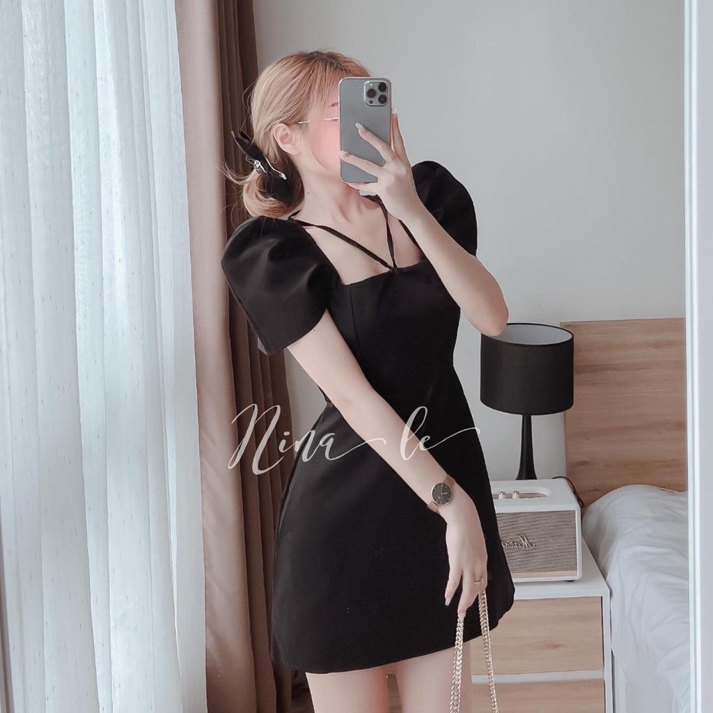 Đầm cổ vuông tay phồng, đầm trắng hở lưng yếm giả điệu đà nữ tính thời trang nữ