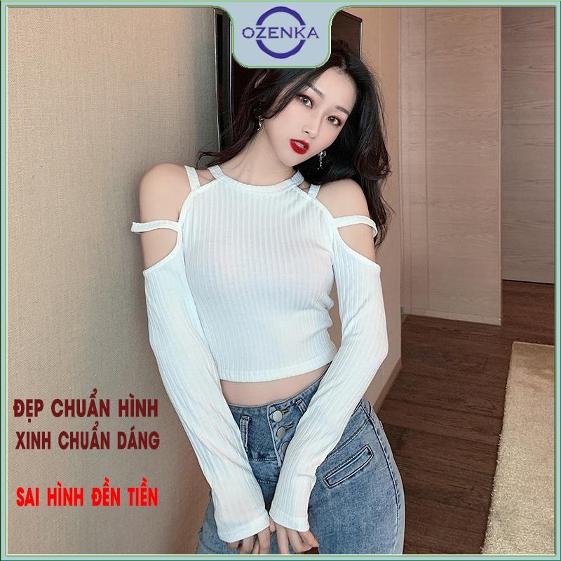 Áo croptop nữ trễ vai tay dài ôm body gợi cảm OZENKA , crt kiểu hàn quốc màu đen trắng dưới 55 kg