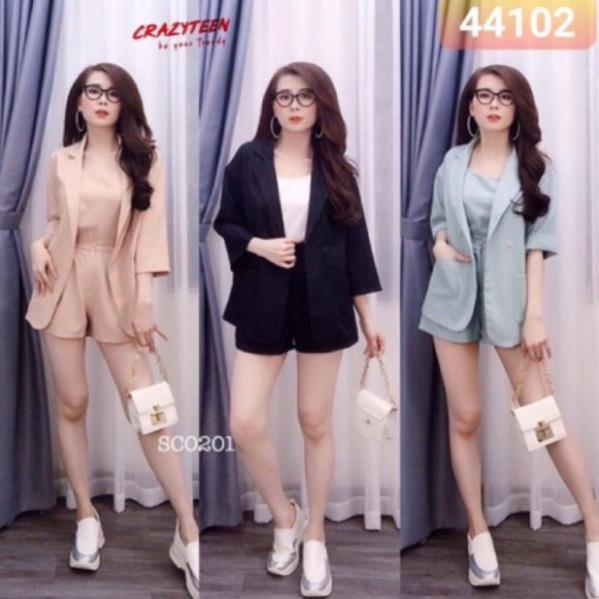 TTL-Ảnh thật Sét vest kaki mềm 3 món áo sơ mi tay dài, áo blazer 2 dây kèm quần đùi có nút