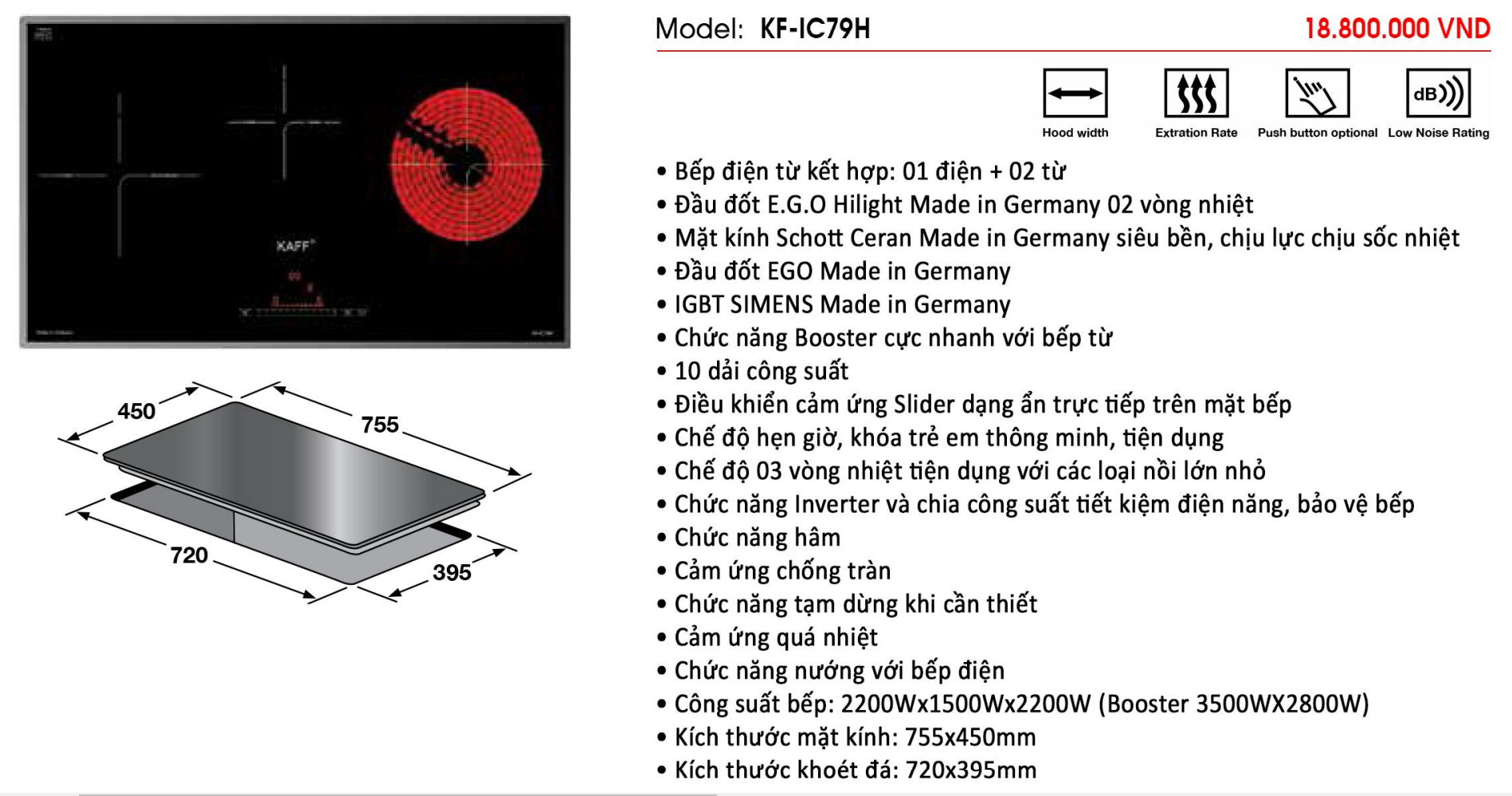 Bếp điện từ kết hợp hồng ngoại đa vùng nấu KAFF KF-IC79H - Hàng chính hãng