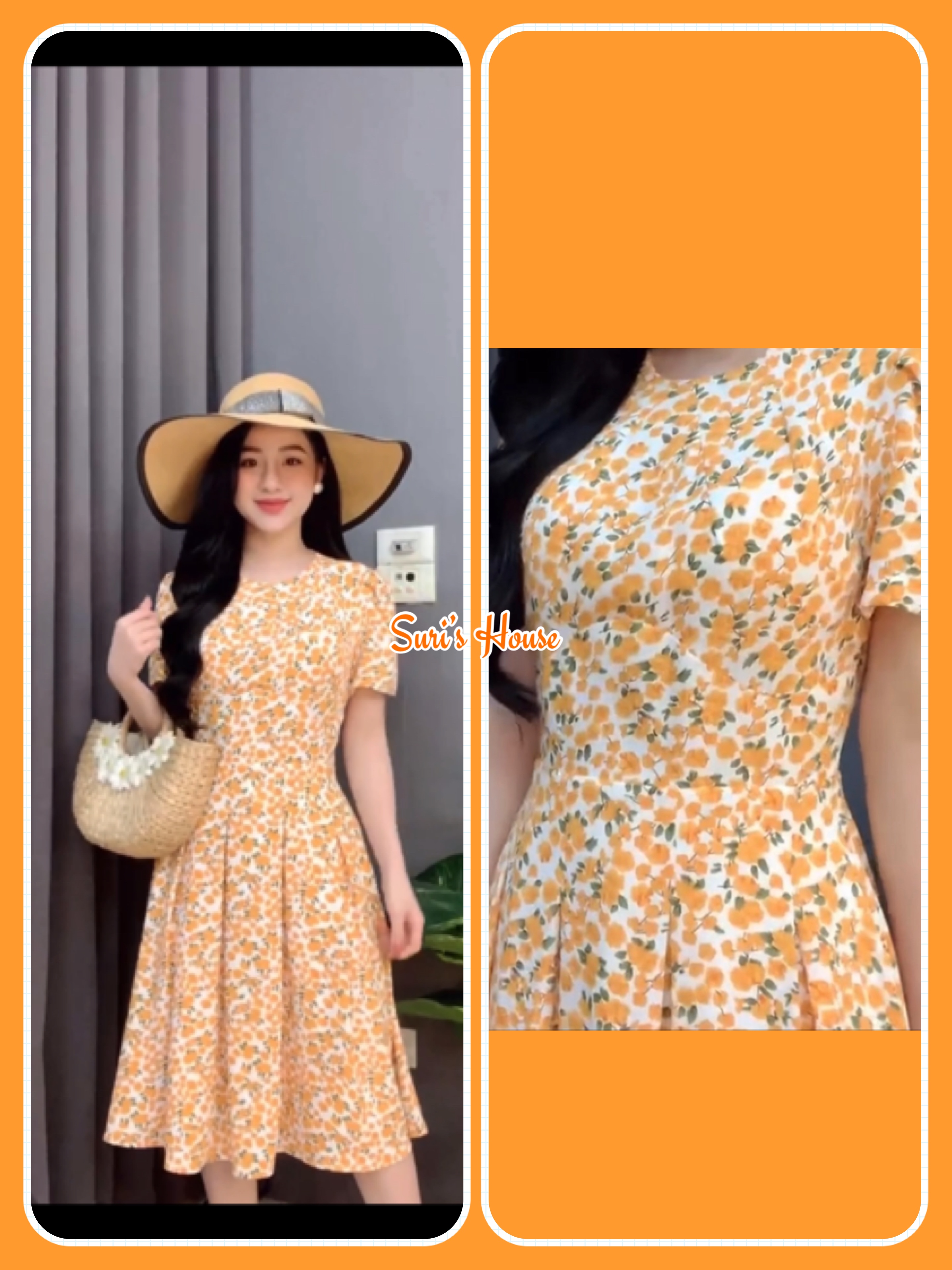 Đầm xoè đi biển hoạ tiết hoa cam