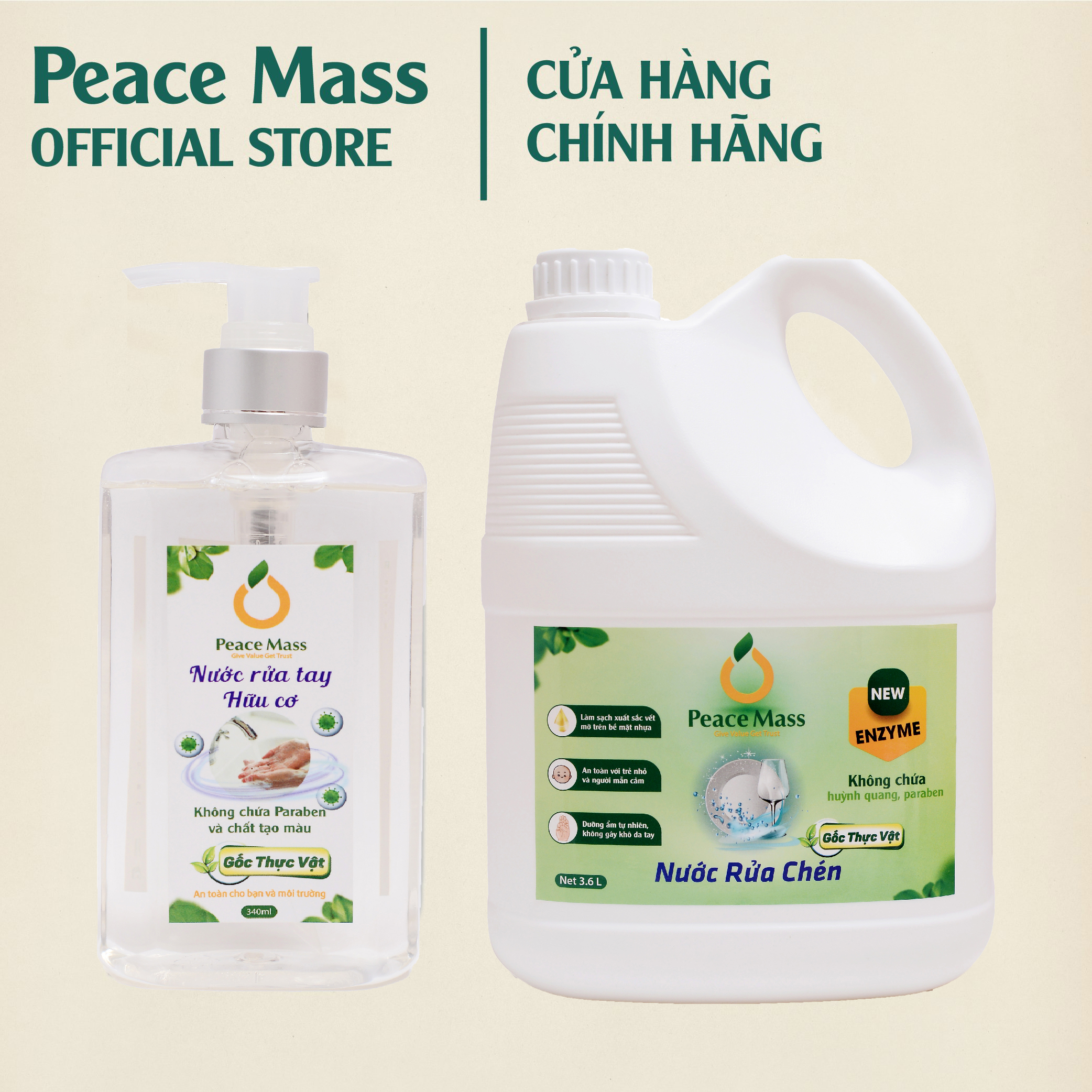 Combo Sản Phẩm Gốc Thực Vật RCB1 Peace Mass - Nước Rửa Chén 3.6l + Nước Rửa Tay 340ml