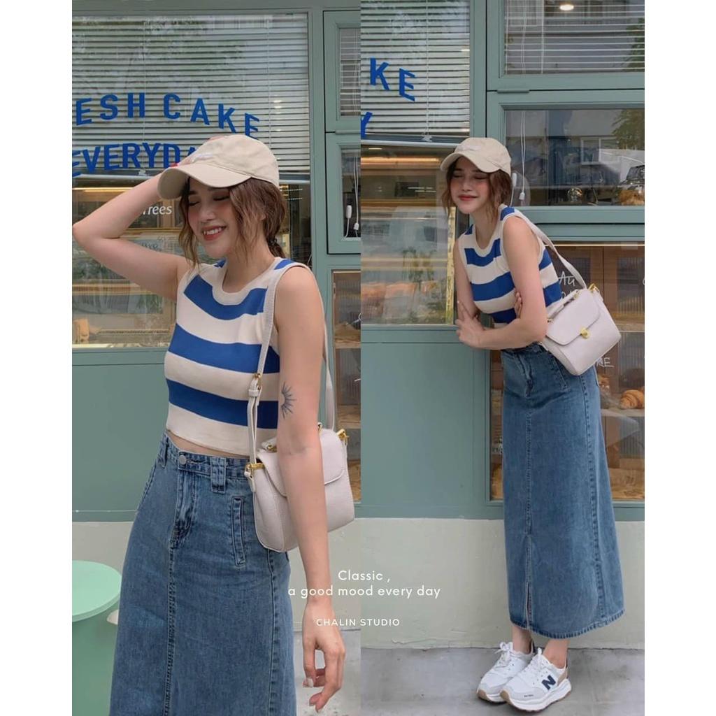 Áo len croptop Mongtoghi ba lỗ, Áo 3 lỗ kẻ ngang sát nách hottrend Junnie Closet