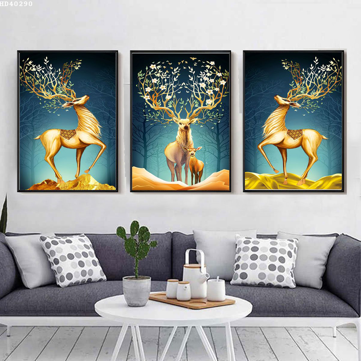 Tranh Hươu Nghệ Thuật Trang Trí Tường - Tranh Canvas Bộ 3 Bức Treo Tường Giá Rẻ