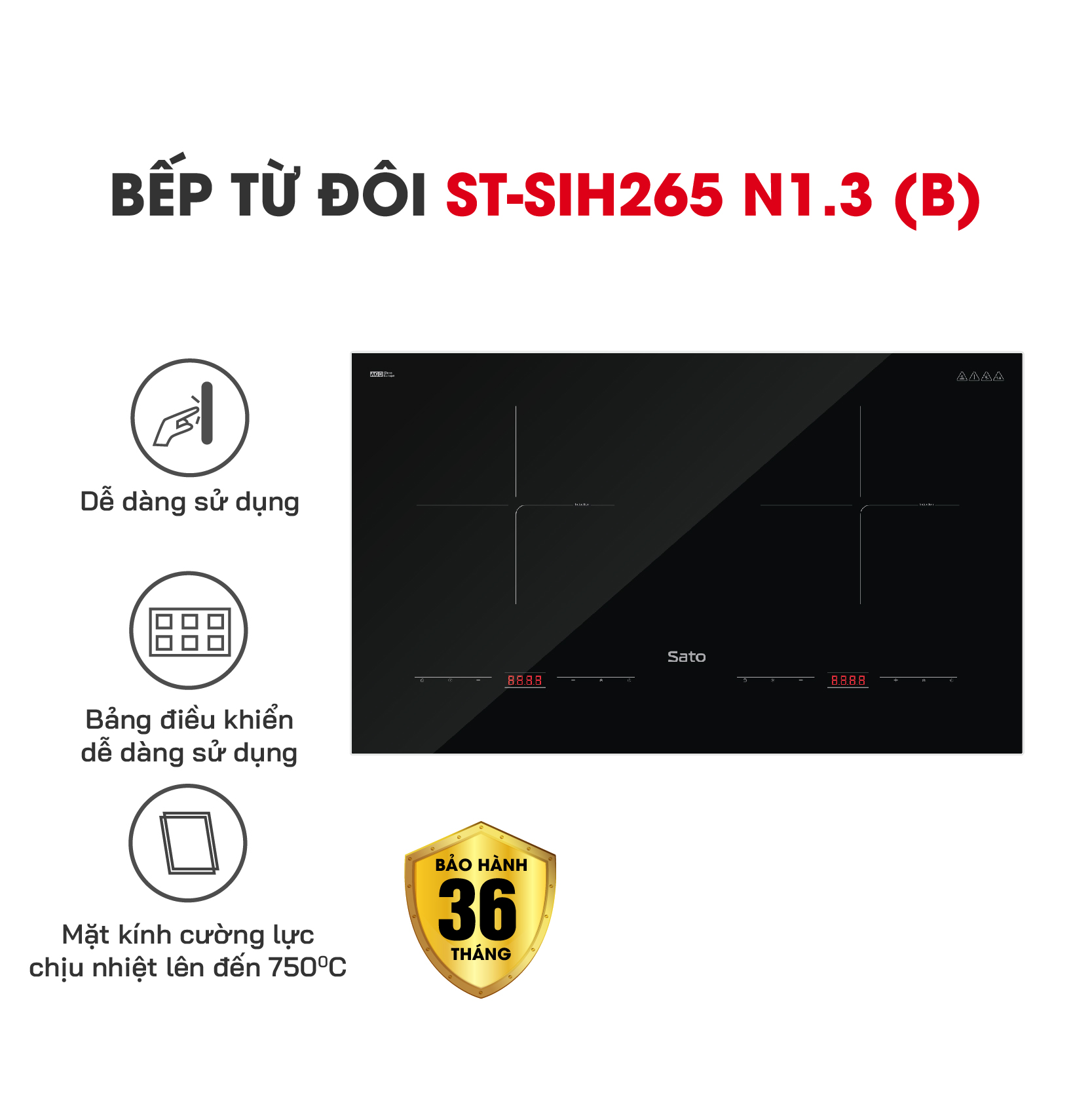Bếp điện từ thông minh SATO SIH265 N1.3 - Mặt kính thiết kế sang trọng, chịu nhiệt cao, chống trầy xước, chống bám dầu mỡ, vệ sinh dễ dàng -Miễn phí vận chuyển toàn quốc - Hàng chính hãng