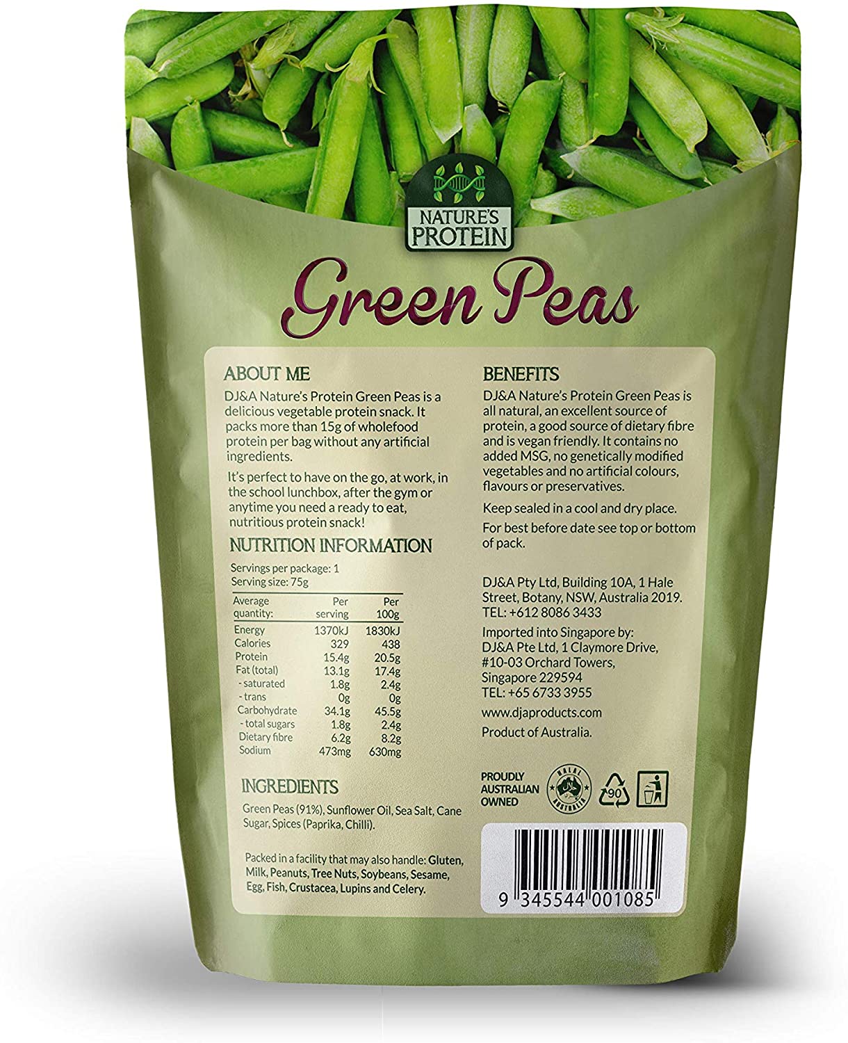 Snack Đậu Hà Lan sấy giòn DJ&amp;A Nature's protein green peas 75g