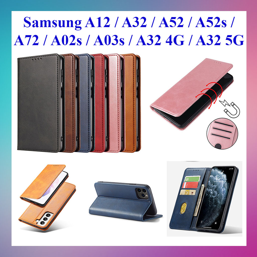 Bao da ốp lưng dành cho Samsung Galaxy A12, A32 4G, A52, A52s, A04s, A13 4G, A02s, A03s, A22 4G, A22 5G dạng ví cao cấp, kiểu dáng sang trọng thời trang, ngăn đựng thẻ tiện lợi, bảo vệ điện thoại toàn diện