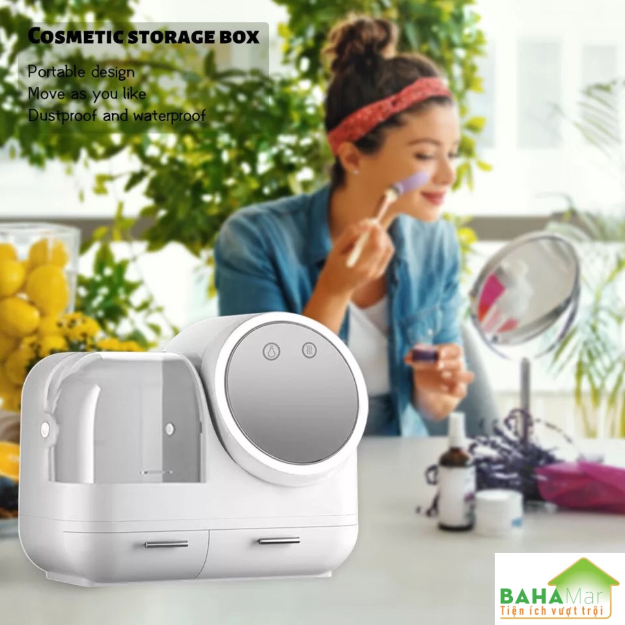HỘP ĐỰNG MỸ PHẨM CÓ GƯƠNG TRANG ĐIỂM ĐÈN LED QUẠT BAHAMAR có quạt thổi khô lớp trang điểm thiết kế tay cầm dễ dàng xách di chuyển hộp chống bụi v