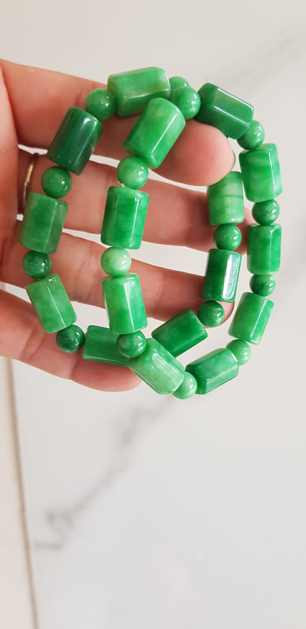 Vòng đeo tay nữ đá cẩm thạch xanh mix kiểu hạt ống vuông dài tròn size 10mm Nữ mệnh mộc hỏa thủy đeo xinh may mắn ạ