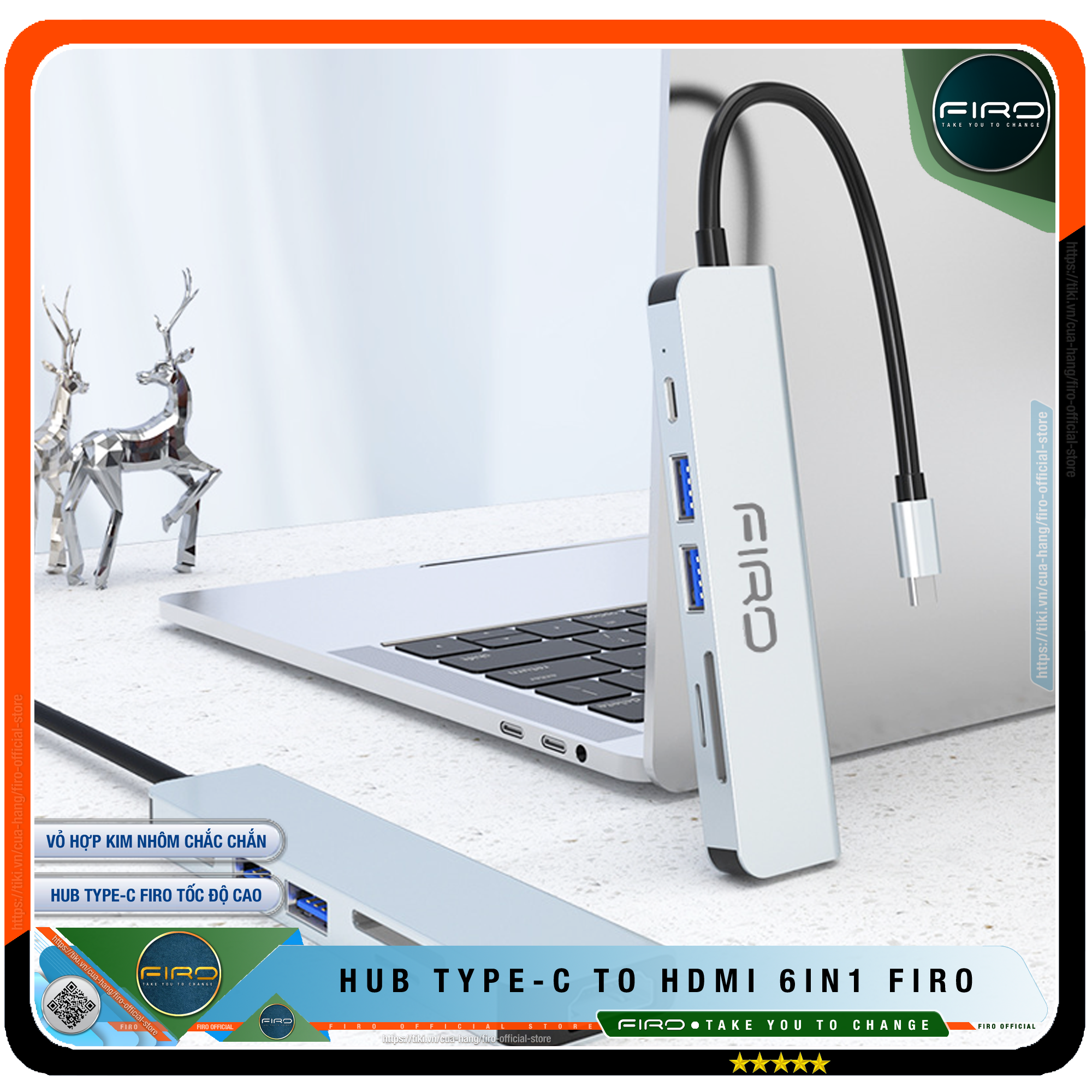 Hub USB Type-C To HDMI FIRO 6in1 - Hub Chuyển Đổi Type-C Chia 6 Cổng - 1 Cổng HDMI 4K, 2 Cổng USB 3.0, 2 Khe Đọc Thẻ TF Và SD, 1 Cổng Sạc Nhanh Type C PD - Kết Nối Tốc Độ Cao - Hub USB FIRO – Hàng Chính Hãng