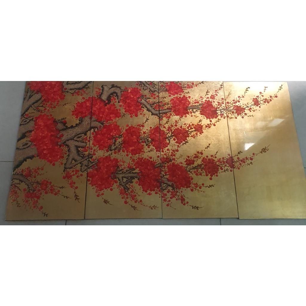 Tranh sơn mài cao cấp, thủ công mỹ nghệ Thanh Bình Lê size 120x60 cm - Bộ Tranh hoa đào và đàn Hạc tiên