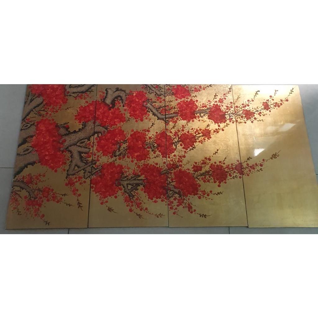 Tranh sơn mài cao cấp, thủ công mỹ nghệ Thanh Bình Lê size 120x60 cm - Bộ Tranh hoa đào và đàn Hạc tiên (4 tấm 30x60 cm)