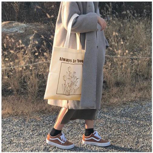 Túi tote vải canvas ALWAY LOVE YOU phong cách Hàn quốc, có khóa miệng ngăn phụ bên trong tiện dụng-Haka store
