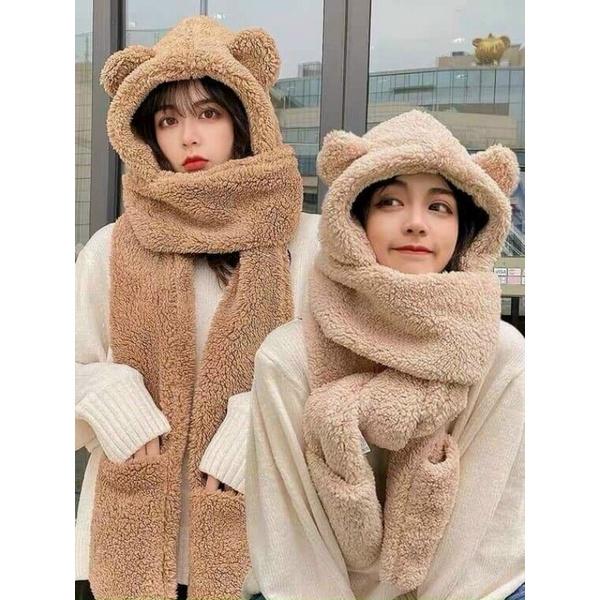 Mũ gấu kèm khăn xỏ tay bông cực ấm cao cấp cute
