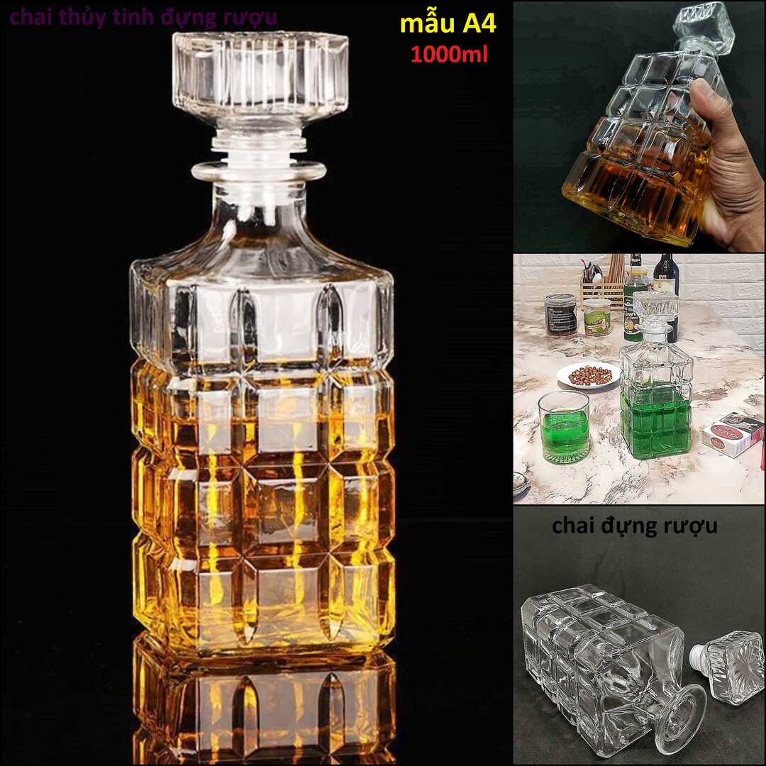 Bình Đựng Rượu Thủy Tinh 1 Lít  mẫu vuông hoa văn caro - Chai Thủy Tinh Đựng Rượu 1000ML - Vỏ Chai Rượu Ngoại