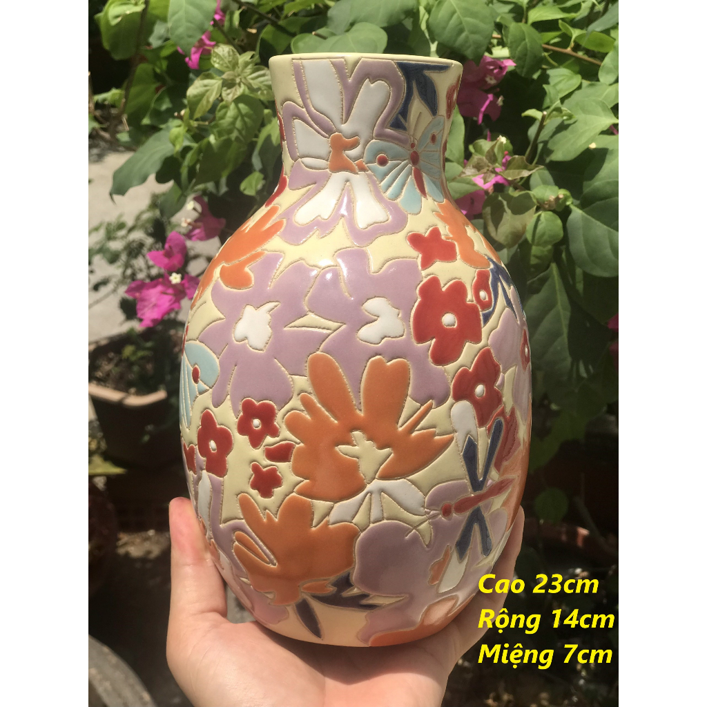 BÌNH BÔNG BÁCH HOA GỐM SỨ THỦ CÔNG NAM BỘ TD1 23CM CẮM HOA TRANG TRÍ DECOR