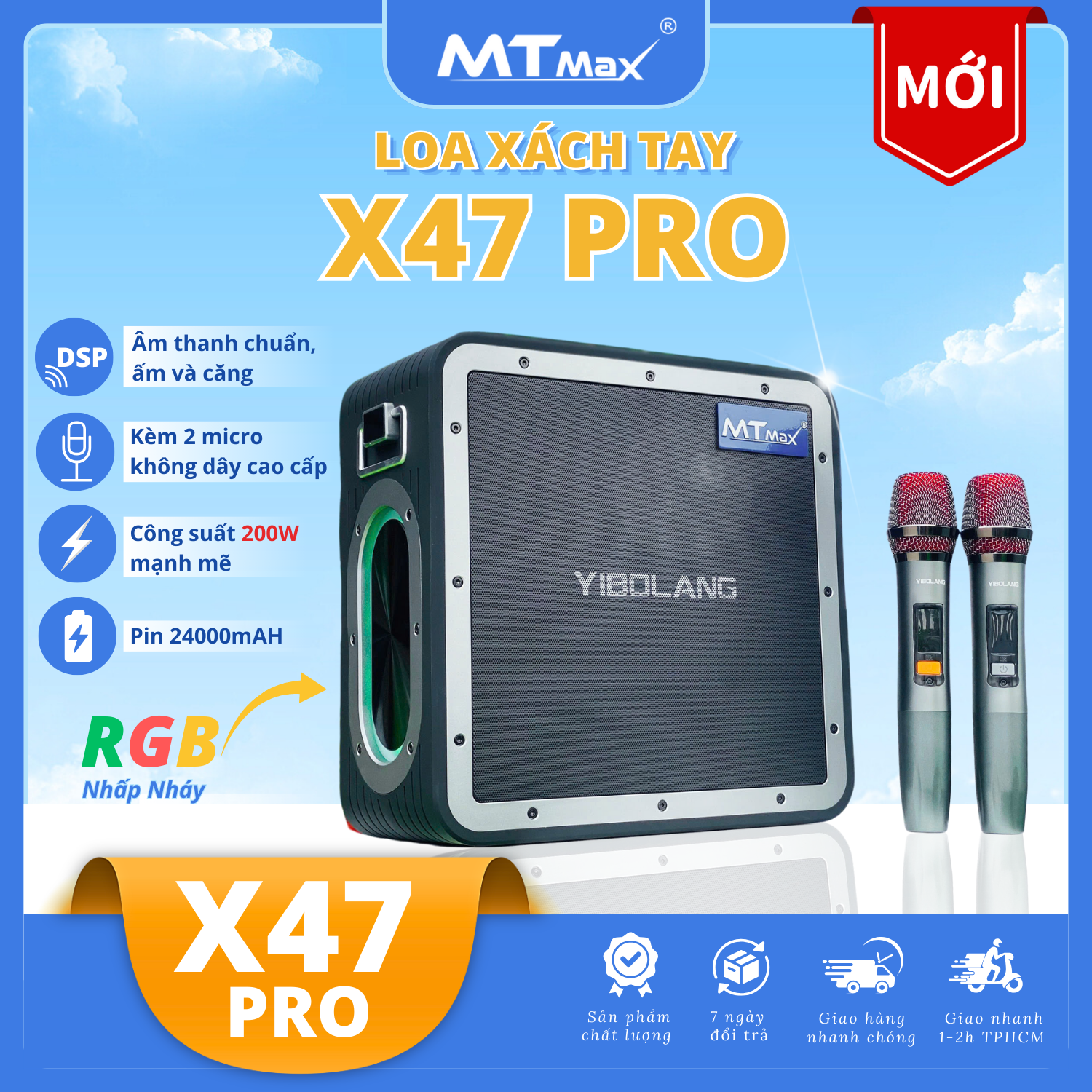 Loa Xách Tay Bluetooth MTMAX X47 Pro, Công Suất 200W Mạnh Mẽ, Kết Nối Đa Dạng, Đi Kèm 2 Micro Không Dây Cao Cấp, Chuyên Karaoke Gia Đình, Phòng Trà, Quán Bar, Dã Ngoại Tiện Lợi . Hàng chính hãng