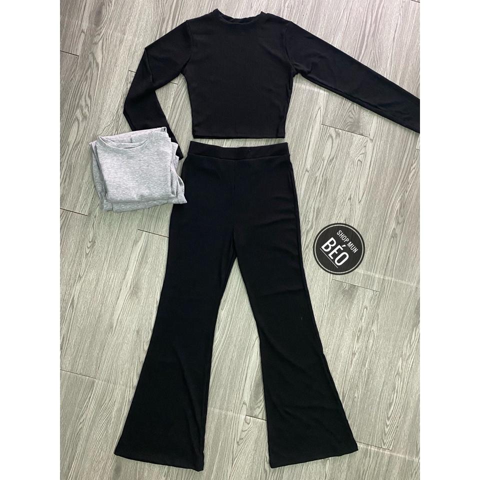 Set Bộ Quần Dài Ống Loe Kèm Áo Croptop Tay Dài Chất Thun Gân Chính Phẩm Thích Hợp Mặc Đi Tiệc Đi Làm Đi Chơi