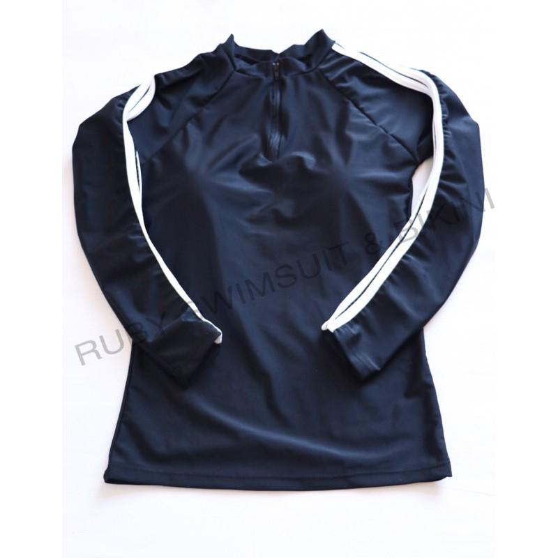 Bikini Đồ Bơi Tay Dài Hai Mảnh Kín Đáo Đen Trơn, Quần Short R8