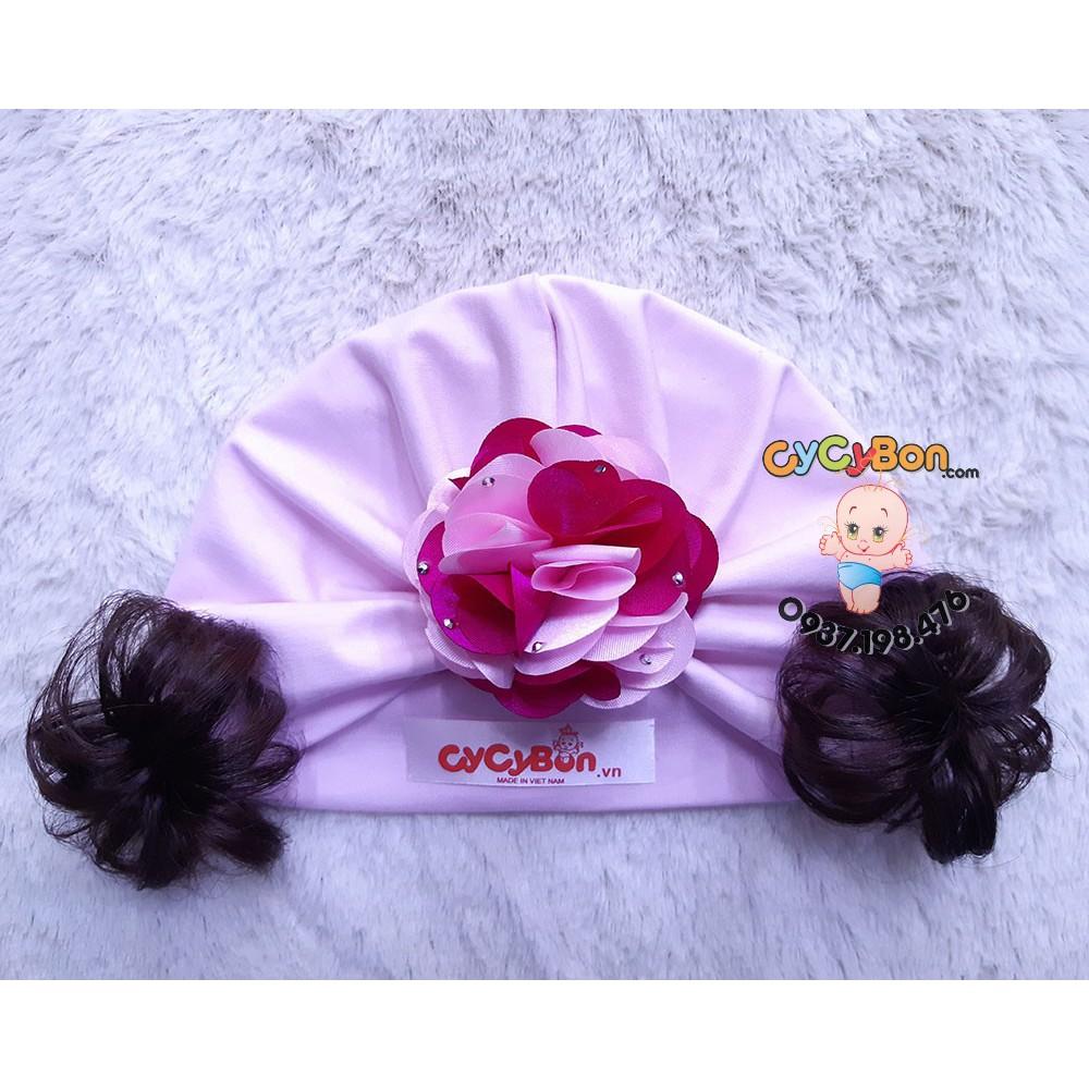 Mũ Nón Turban Chất Thun Cotton Bao Co Giãn Đính Bông 2 Màu Kèm Tóc Giảb  Cho Bé Gái - Size Cho BéTừ Sơ Sinh