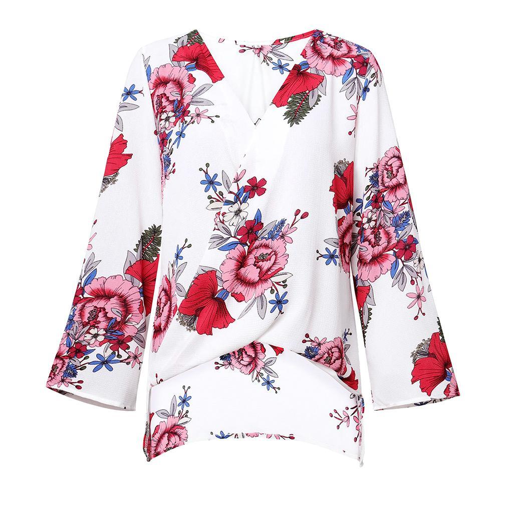 Women's Casual Floral Tops Long Sleeve Deep V Neck Wrap Loose Beach Shirts