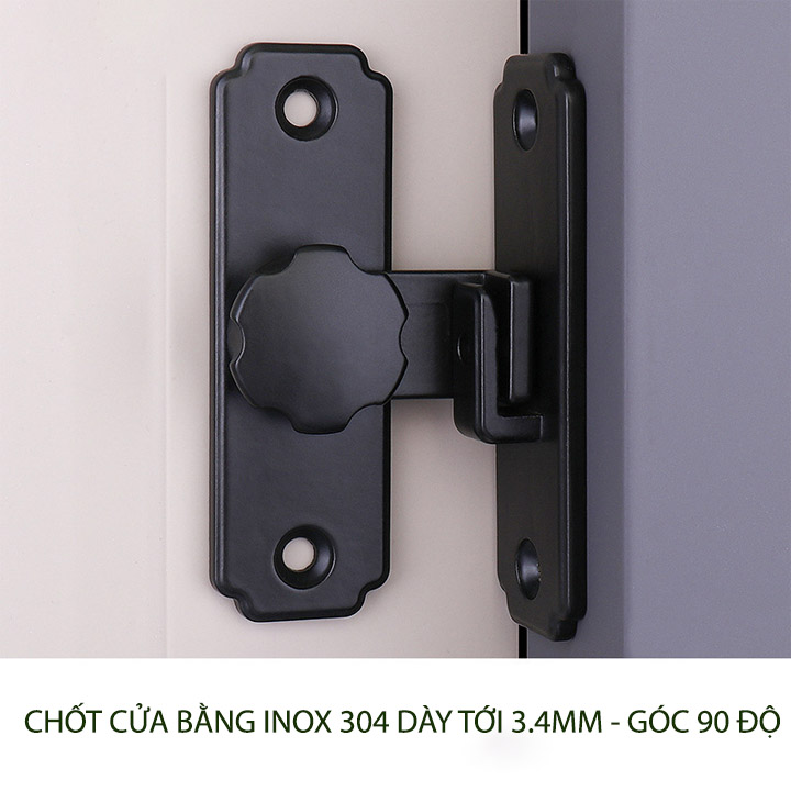 Chốt cài cửa bằng inox 304 dày tới 3.4mm, lắp cho cửa trượt, xoay loại phẳng 180 hoặc góc 90 độ tùy chọn