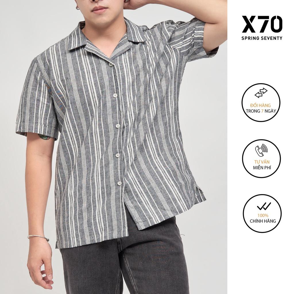 Áo Sơ Mi Nam Linen Kiểu Dáng Cổ Bẻ Tay Ngắn Thiết Kế Hoạ Tiết Sọc Dọc Thời Trang X70 - 07570004
