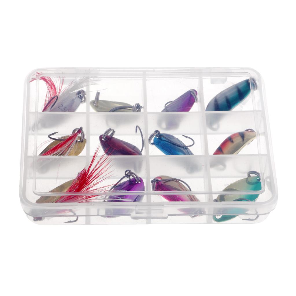 12Pcs Metal Fishing Lures Spoon Spinner Baits Treble Hook with Box