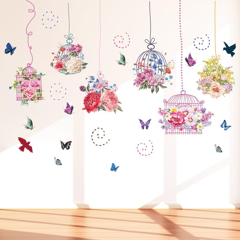 DECAL DÁN TƯỜNG LỒNG CHIM SẮC MÀU VÀ ĐÔI HẠC