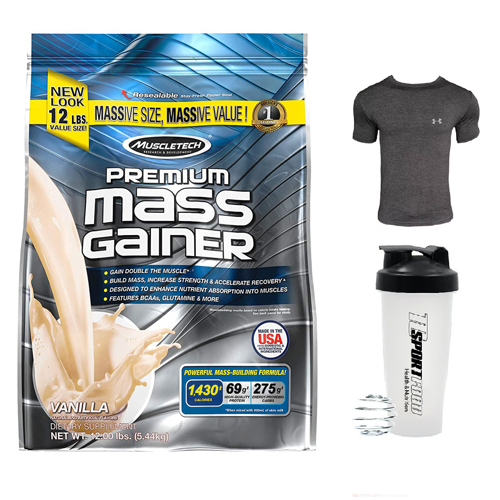 Combo Sữa tăng cân Premium Mass Gainer của Muscle Tech hương Vanilla bịch 5.4 kg hỗ trợ tăng cân tăng cơ nhanh cho người gầy, kén ăn, khó tăng cân, hấp thụ thức ăn tự nhiên kém &amp; Bình lắc 600 ml (Màu Ngẫu Nhiên) &amp; Áo Gym size M