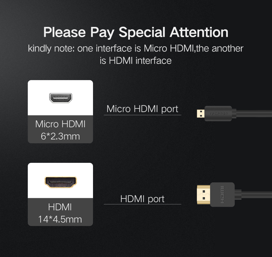 Cáp Micro HDMI to HDMI dài 1m, 1,5m, 2m,3m Ugreen hỗ trợ 4K60Hz HDR hàng chính hãng