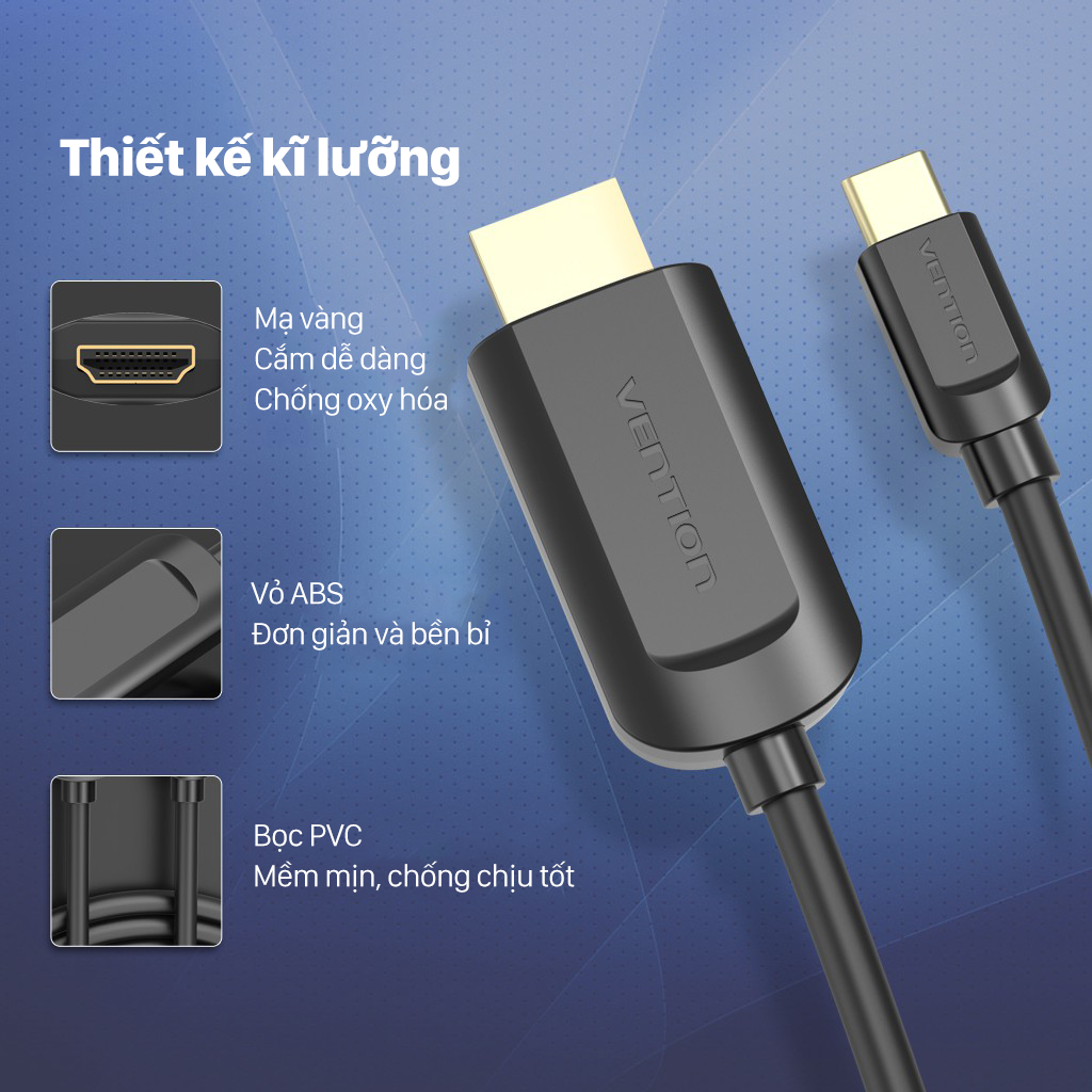 Cáp Type-C to HDMI cho MacBook, Điện Thoại, Laptop chất lượng 4K 2K 1,5m Vention CGUBG - Hàng chính hãng