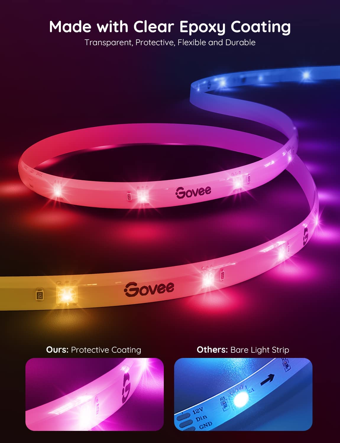 Dây đèn LED Govee RGBIC Wi-Fi + Bluetooth LED Strip Lights With Protective Coating 10M H619C | Phủ coating, 16 triệu màu RGBIC tùy chỉnh, cảm biến nhạc, kết nối thông minh | Hàng chính hãng