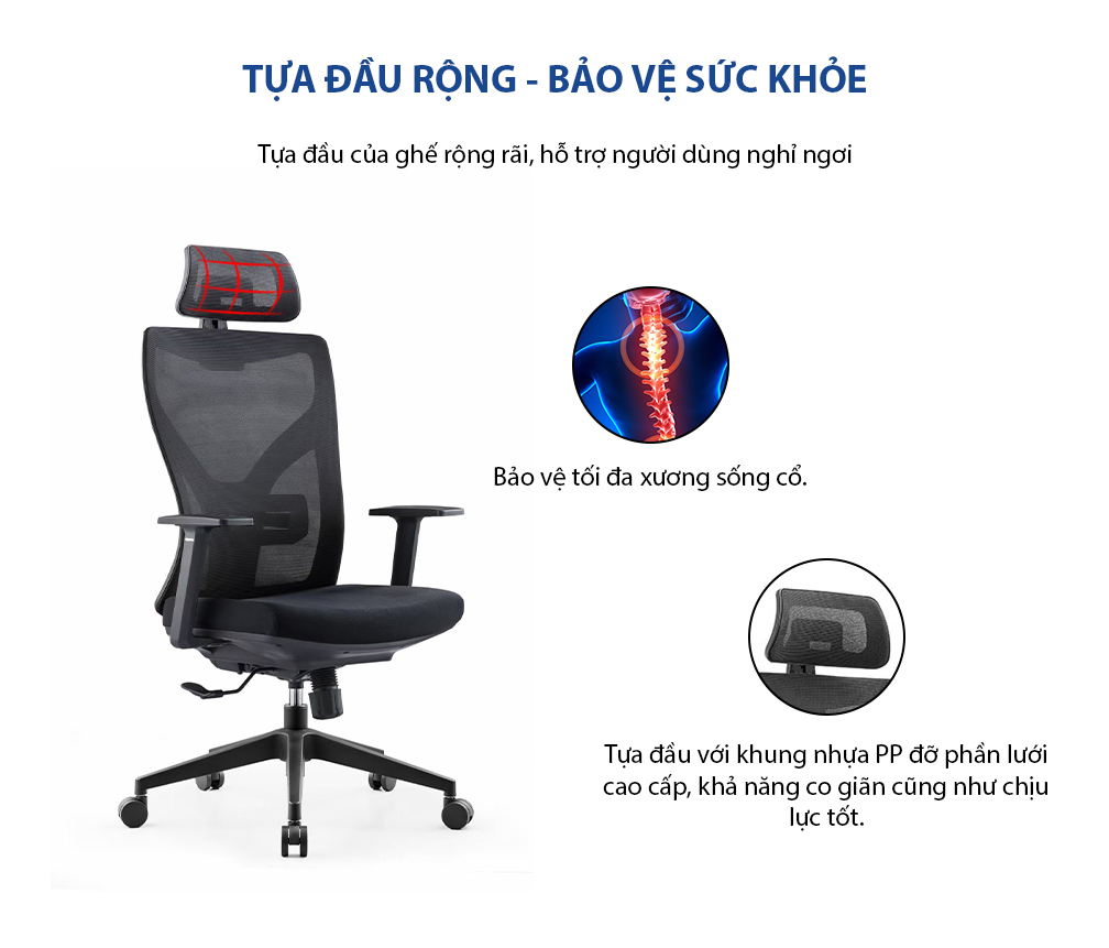 Ghế xoay văn phòng công thái học GOVI R02TD-Tựa đầu điều chỉnh, tựa tay cố định, mâm ghế ngả sau