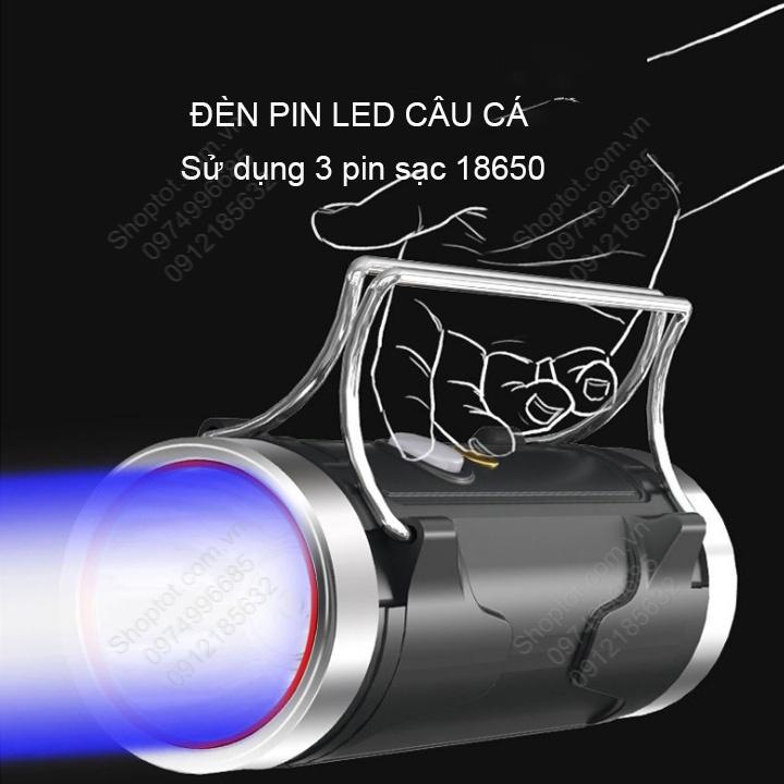 Đèn pin led câu cá D05, 01 đầu ánh sáng xanh chuyên dẫn dụ cá, 1 đầu ánh sáng trắng chiếu sáng, kèm giá đỡ đèn