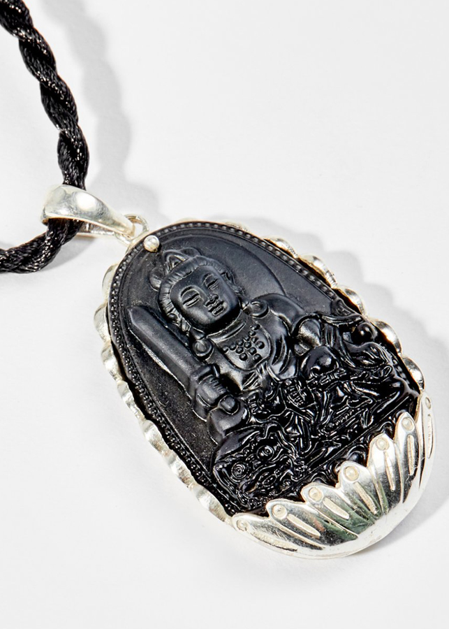 Mặt Dây Chuyền Phong Thủy Đá Obsidian Phật Bản Mệnh Tuổi Mão Văn Thù Bồ Tát Bọc Bạc Ngọc Quý Gemstones