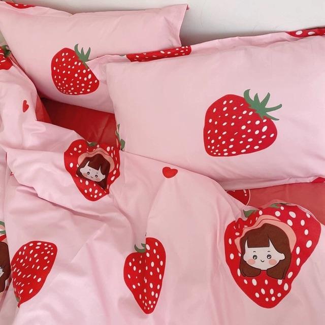 Set Cotton Poly Hàng Nhập Khẩu Cao Cấp 4 Món Cô Bé Dâu Tây