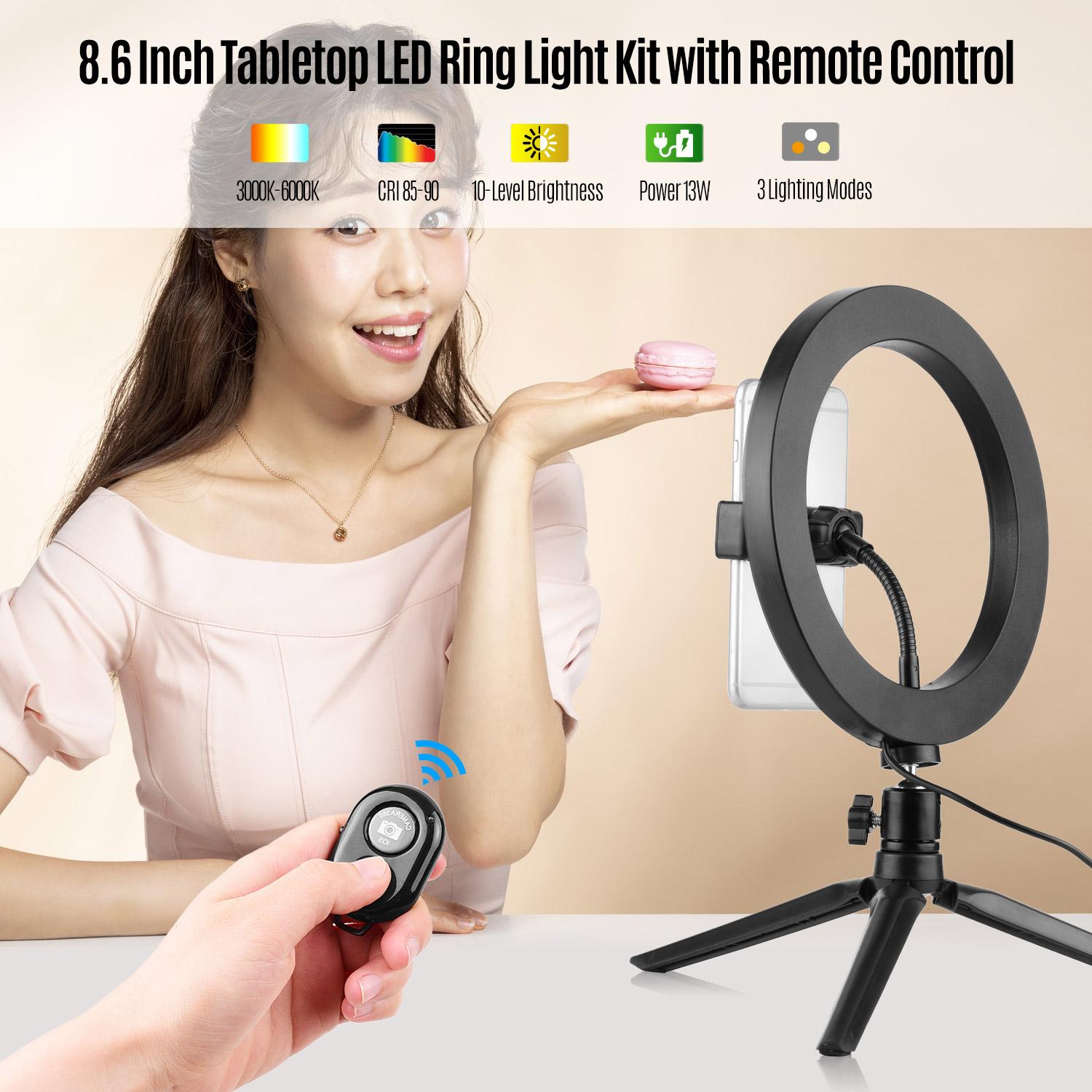 Đèn LED vòng 10 cấp có thể thay đổi màu để bàn chụp ảnh tự sướng với Đường kính 8,6 inch / 22cm 3000-6000K